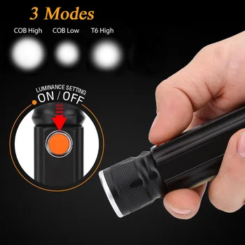 

USB Rechargeable T6 COB LED Flashlight Mini Po cket Torch Magnetic Flashlight Zoom Camping Lamp Built-in 18650 For Fishing