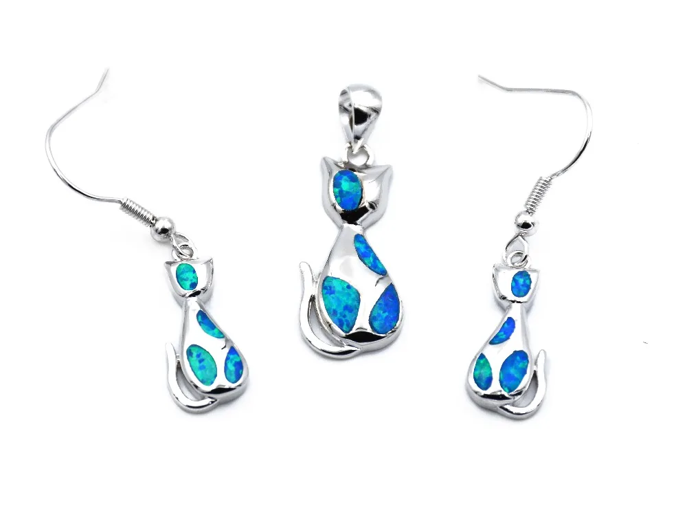 Cute Cat Design White / Blue Fire Opal Jewelry sets (Necklace + Earring