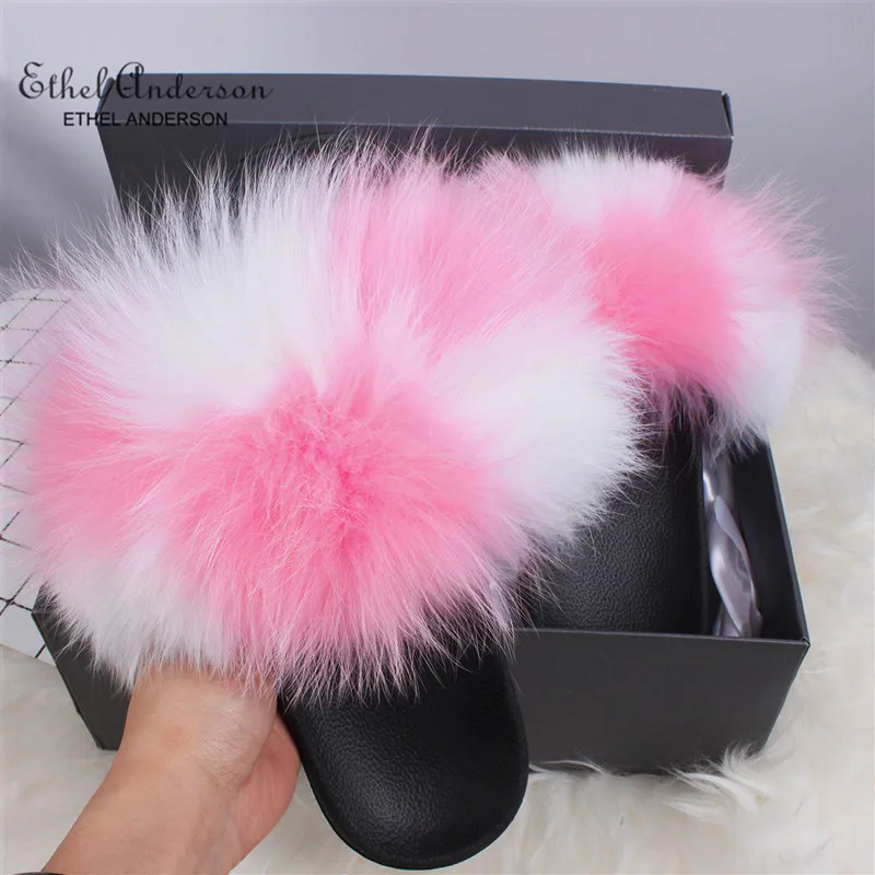 Top Selling Real Fur Slippers Slides Women Summer Plush Fox Flip Flops Holiday Fluffy Raccoon Fur Sandals Shoes - Цвет: Pink White Pink Mix