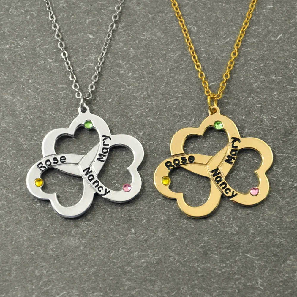 Персонализированные Тройной Сердце ожерелье с камнями рождения, индивидуальные имена Цепочки и ожерелья, ожерелье сердечки, подарок для девочек