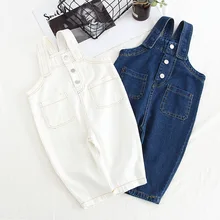 Летние модные детские однотонные джинсы для девочек Комбинезон с карманами брюки детские повседневные штаны