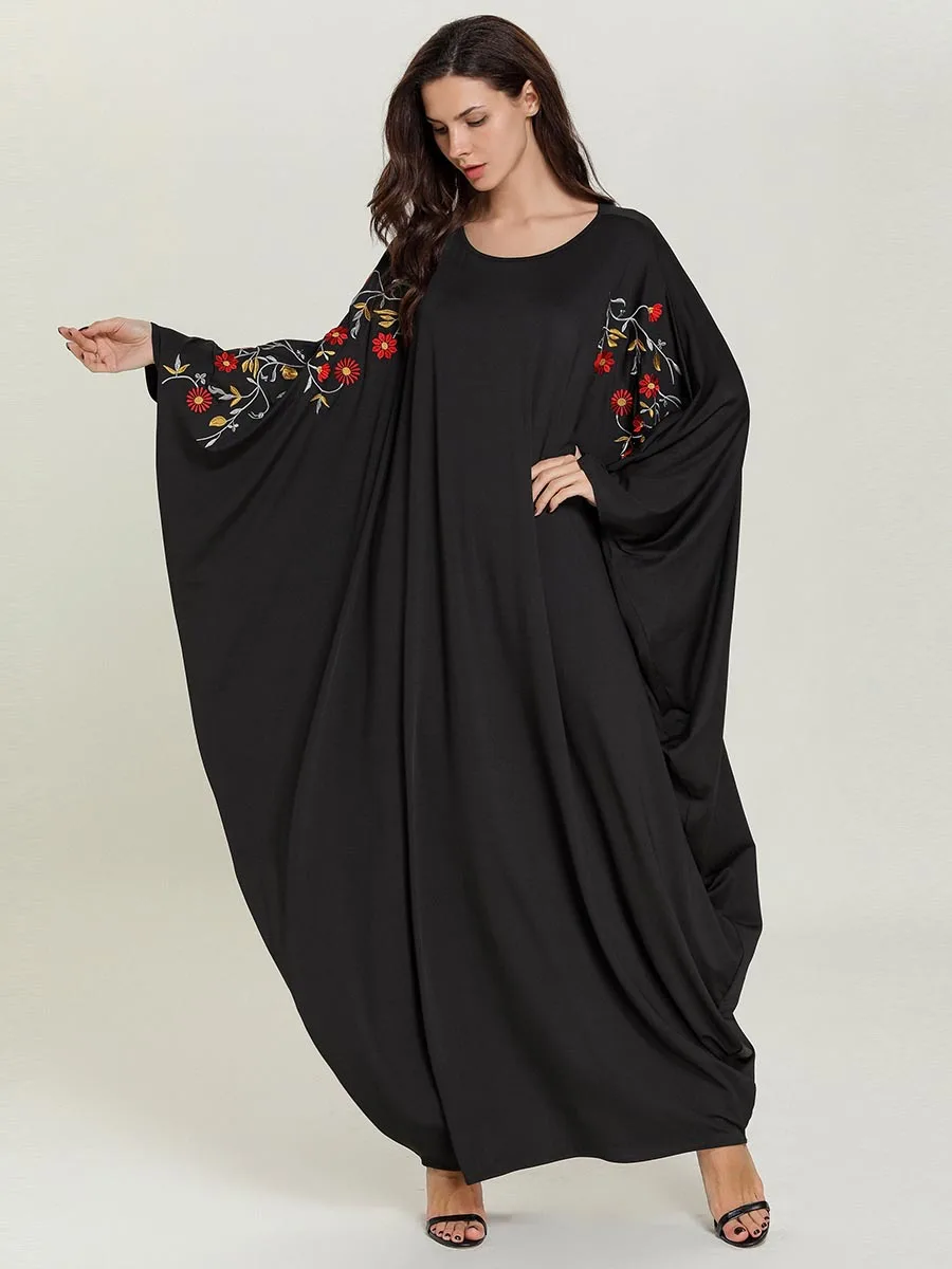 

2019 Women Musim Abaya Dress O Neck Long Batwing Sleeve Big Size Embroidery Muslim Hijab Dress Women Islamic Jilbab Caftan
