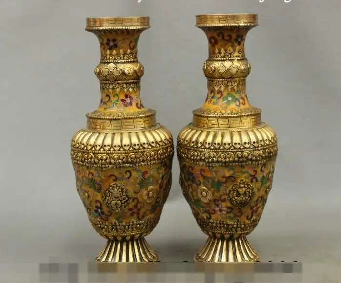 

S5493 12 China Tibean Bronze Cloisonne Palace Auspicious Statue Bottle Vase Pot Pair