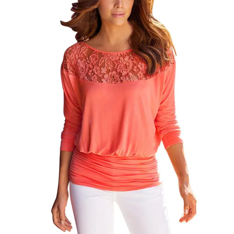 

Women Chiffon Shirt Lace Stitching Loose T-shirt Solid Color Three Quarter Sleeve Women Tee Tops LJ7253E