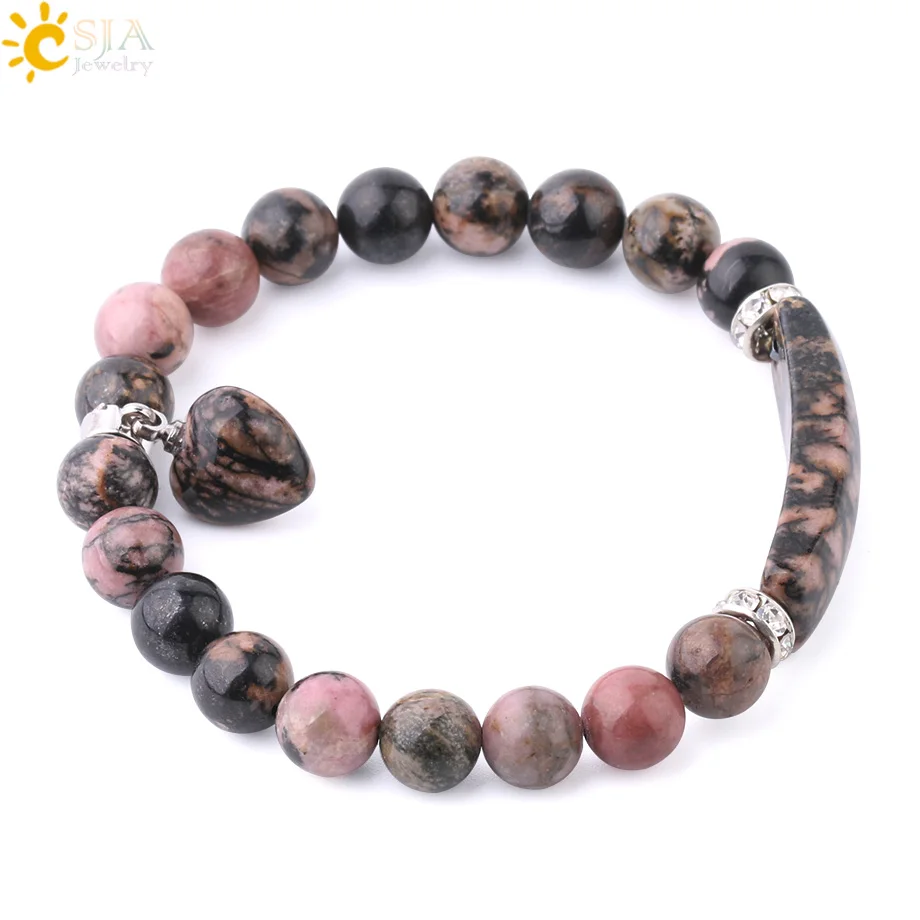 CSJA Natural Gem Stone Bangles Line Rhodonite Love Heart Fitting Healing Beads Bracelets Rectangle Stones for Women Jewelry F104