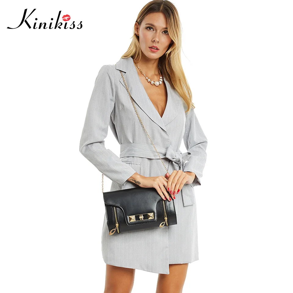 Koop Kinikiss Vrouwen Trenchcoats Turn down Kraag Grijs Gestreepte Riem Sjerpen Uitloper Lange Mouwen OL Office Lady Slanke Elegante sexy Jassen