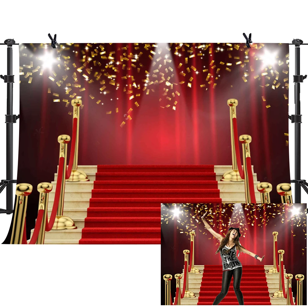 MTMETY Hollywood Red Curtain Background Red Carpet Stairs Props Vinyl Photography Video Backdrop for Graduation Party Decoration