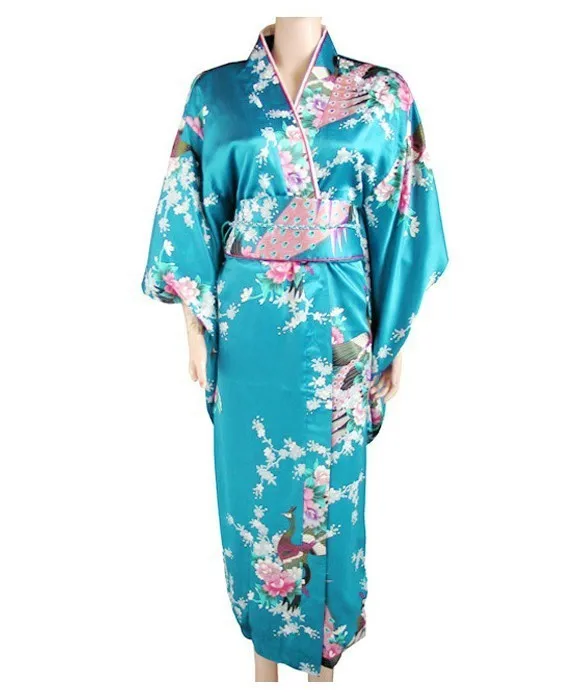 Синее Новое винтажное японское женское шелковое атласное кимоно ropa Mujeres japonesas Yukata платье Peafowl Один размер H0040