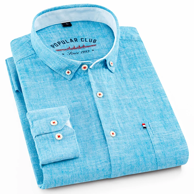 Мужская рубашка классического кроя, хлопковая, с длинным рукавом, свободная, деловая, однотонная, на пуговицах, рубашка, мужская, синяя, белая, топы, Camisa Hombre L - Цвет: Sky Blue 07
