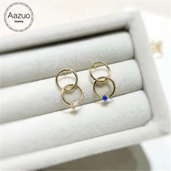 

Aazuo Real Natural Blue Sappire Real Diamond IJ SI 100% 18K Yellow Gold Double Circle Stud Earrings For Woman Girls Party