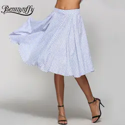 Benuynffy синий полосатый Высокая талия миди юбка трапециевидной формы для женщин Повседневное новые летние модные молния сзади по колено