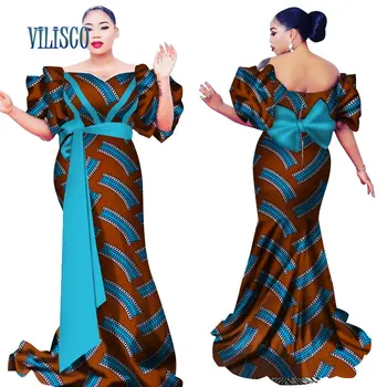 

New Bazin Riche African Dresses for Women Bow-knot Long Dress with Waist Belt Dashiki Traditional African Women Clothing WY2664