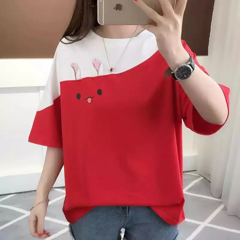 Новинка лета, Женская свободная Корейская футболка с милым кроликом и карманом, с коротким рукавом, повседневная цветная рубашка с круглым вырезом - Цвет: Красный