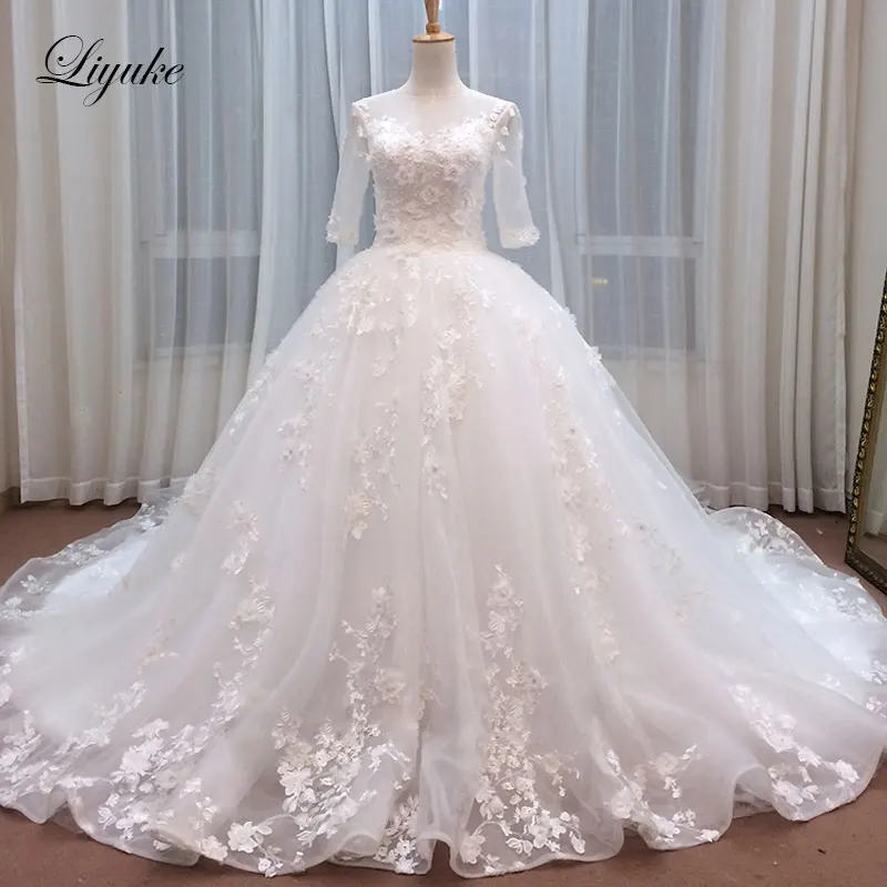 Liyuke Vestido De Noiva элегантные мусульманские свадебные платья с длинным рукавом и круглым вырезом, фатиновые кружевные исламские Свадебные платья на молнии сзади