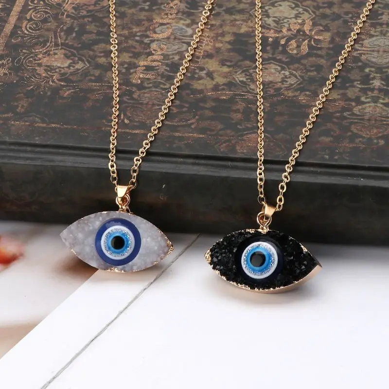 

Blue Evil Eye Druzy Stone Pendant Necklace Quartz Geode Crystal Jewelry
