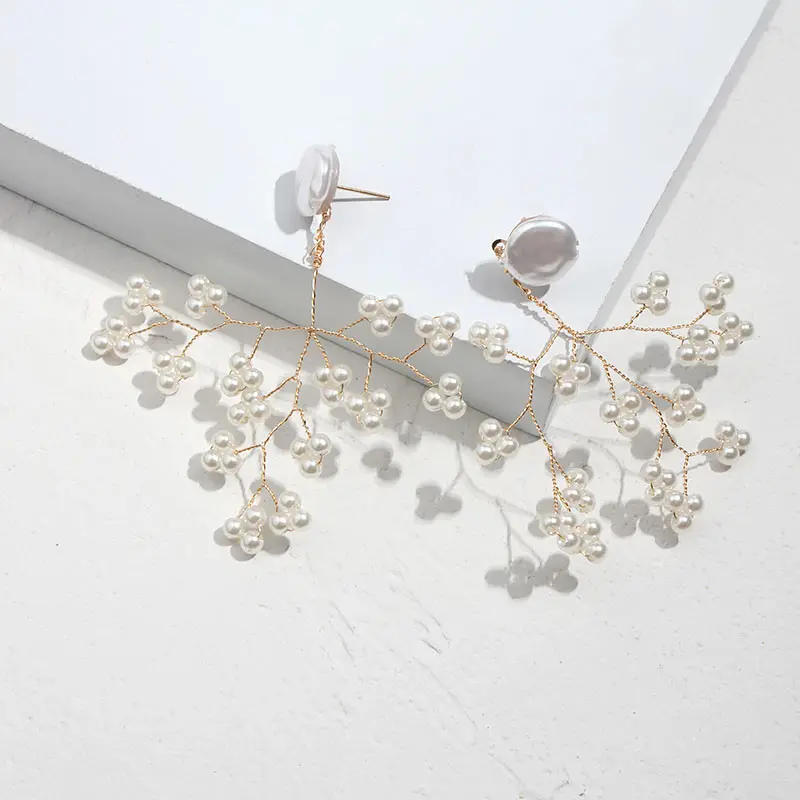 JUST FEEL Boho Fashion ZA Simulated Pearl Tree Dangle Drop Earrings For Women Hanging Statement Metal Earrings Jewelry Wedding