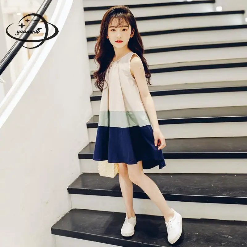 

kids knee-length dress summer girls dresses clothing sleeveless O-neck A-line patchwork color draped princess children clothes44