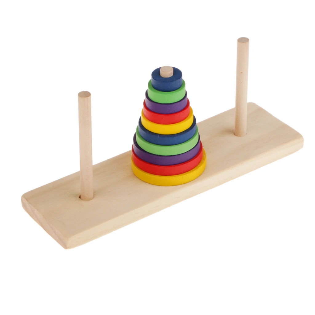 Wooden Colorful Tower of Hanoi Logic Puzzle Brain Teaser Intellectual Toy for Kids Teens 4-14 Ages (10 Rings)