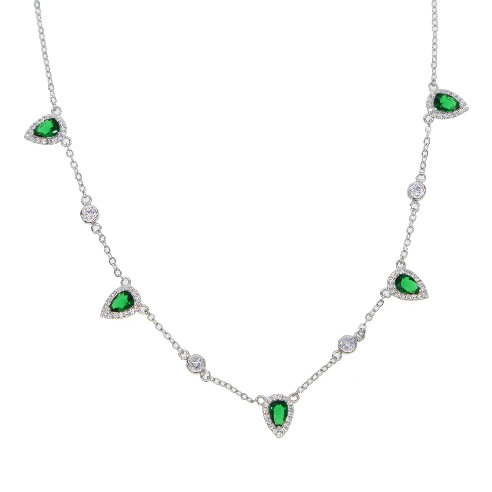 

Fashion Waterdrop Crystal Silver Color AAA+ pear cut Chain Necklace for Women shiny green Cubic Zirconia Wedding choker Jewelry