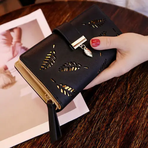 Новое поступление женский полый кожаный чехол-кошелек с листьями клатч Дамская длинная ручная сумка визитница - Цвет: Черный
