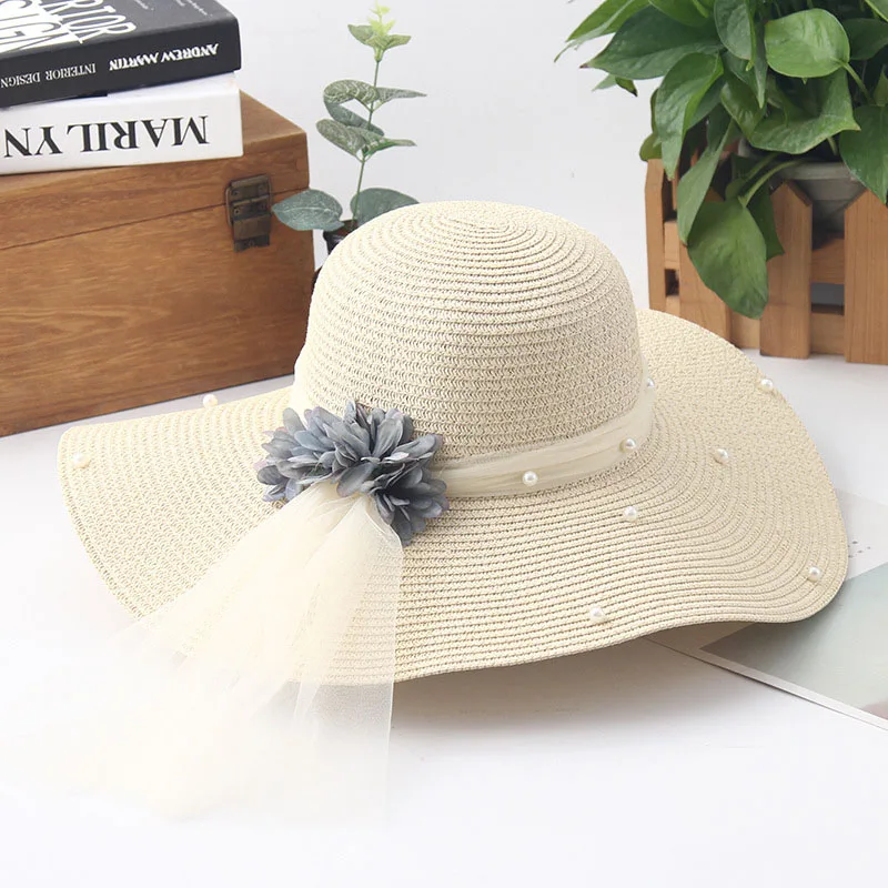 Women Flower Foldable Straw Hat Fashion Pearl Mesh Cap Summer Ladies Wide Wave Brim Beach Hats Handmade Sun Caps CP0221 (6)