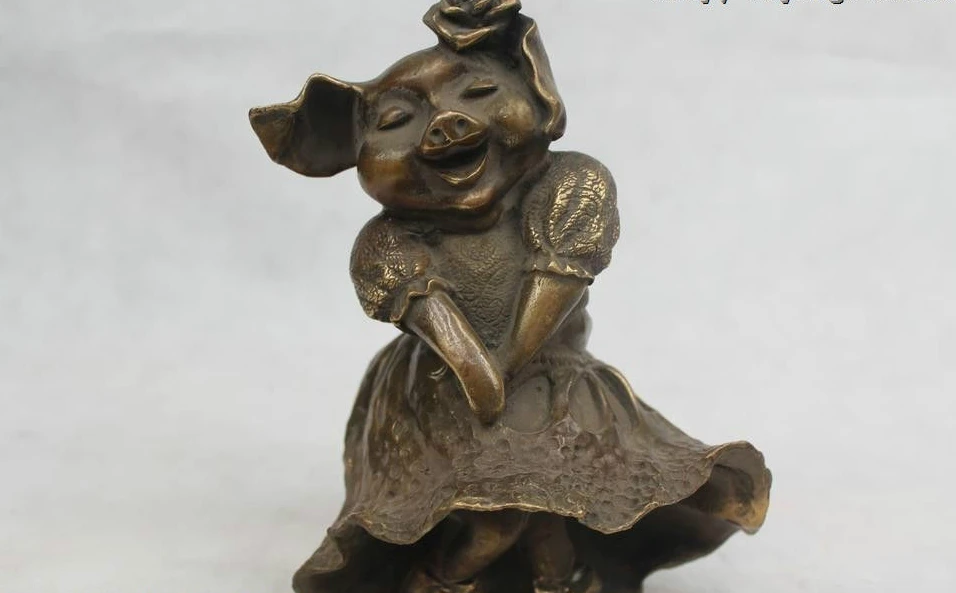 

8"Chinese Folk Pure Bronze excellent Lucky Lifelike beautiful dance Pig Statue