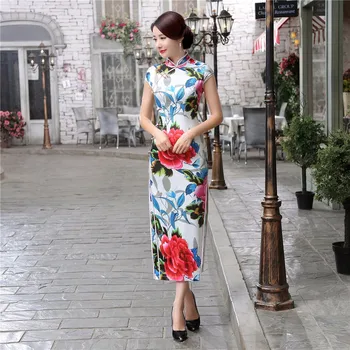 

Vintage Handmade Button Chinese Women's Dress Classic Satin Cheongsam Long Qipao Tops Flower Robe De Soiree Plus Size S-XXXL