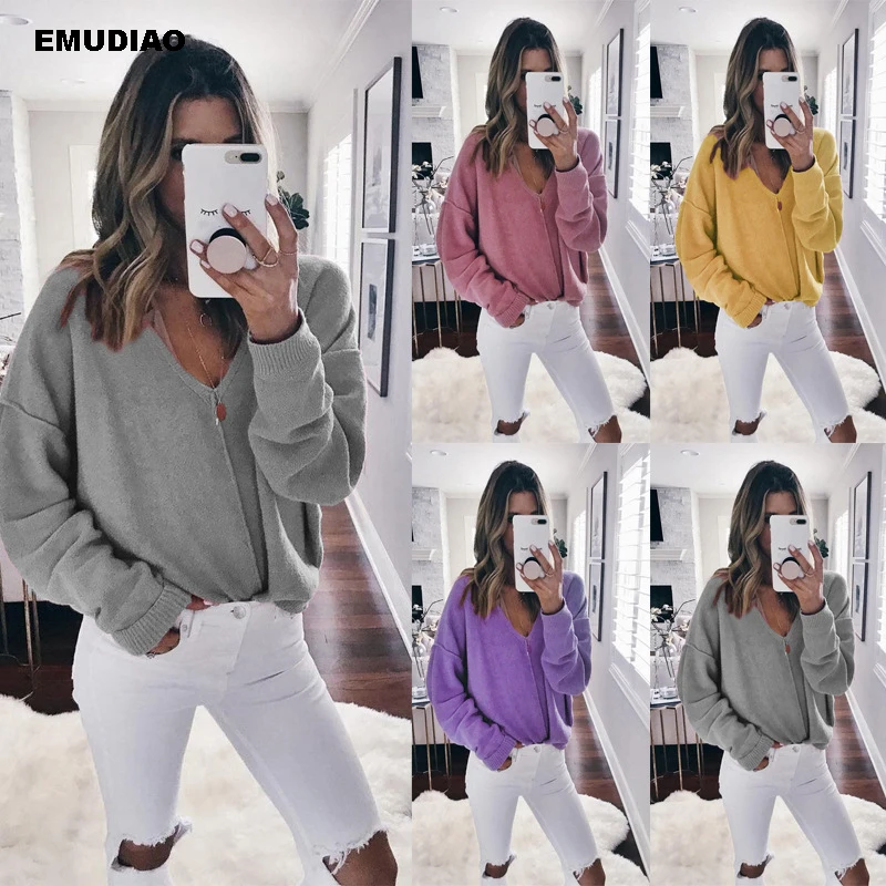 

Knitted Sweater Women Streetwear V Neck Long Sleeve Pullovers 2019 Autumn Winter Casual Women's Sweater Pull Femme Jumper