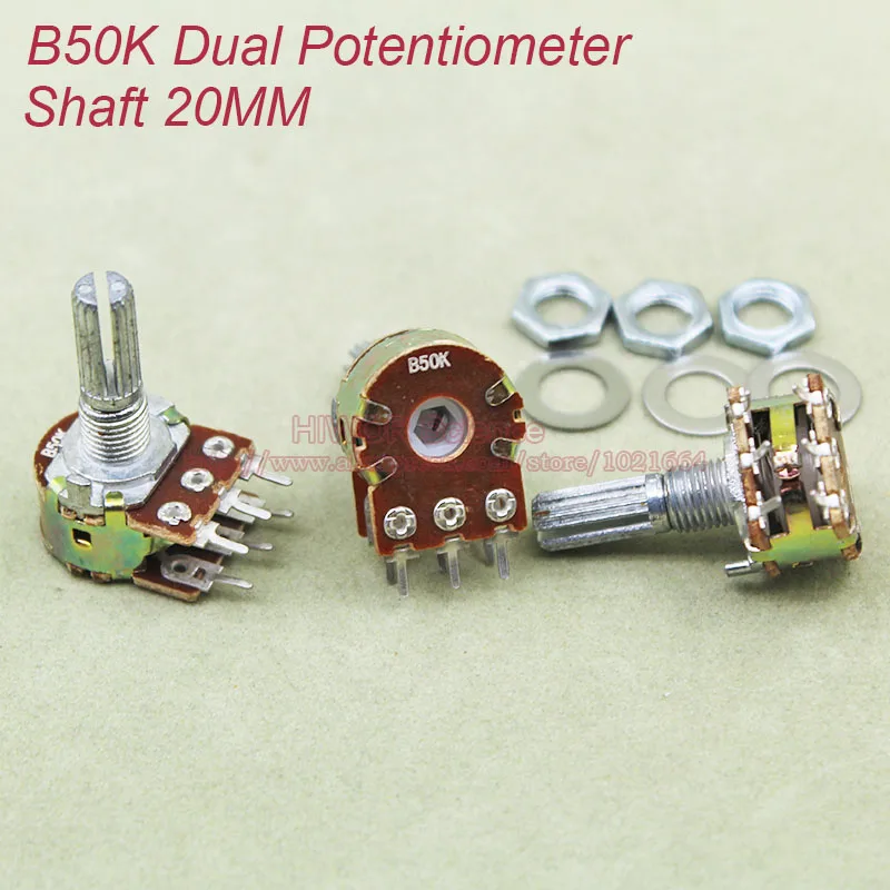 

(10pcs/lot) B50K 50K OHM 50KOhm WH148 Linear Dual Rotary Potentiometer Pots Shaft 20MM With Nuts And Shim