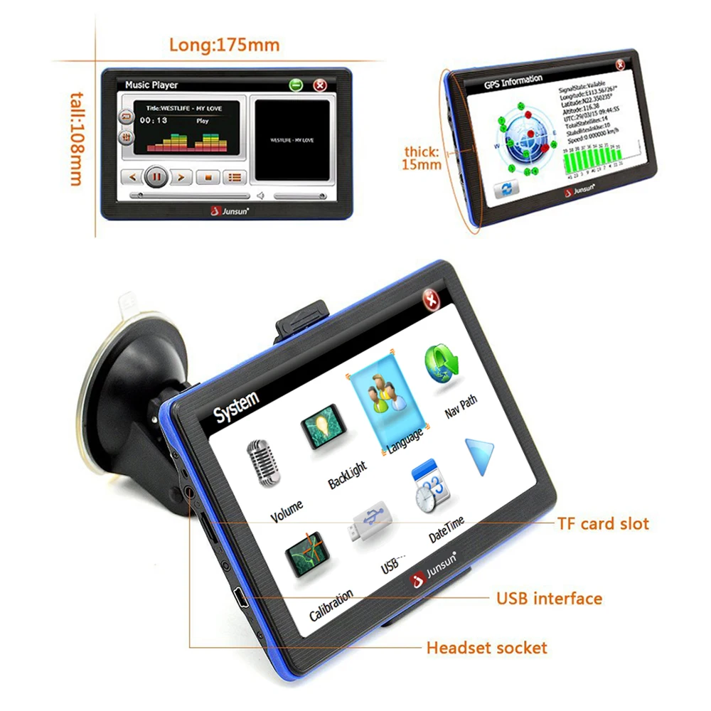 Junsun 7 inch HD Capacitive Car GPS Navigation 8GB MP3/MP4 FM Russia map Permanent free update navigators
