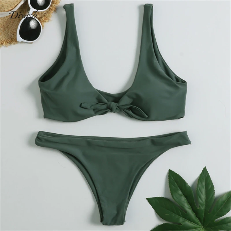 

Diwish Women Swimsuit Bikini 2019 Bow Bikini Green High Waist Sexy Micro Bikini Brazilian Solid Color Women Swimwear Green