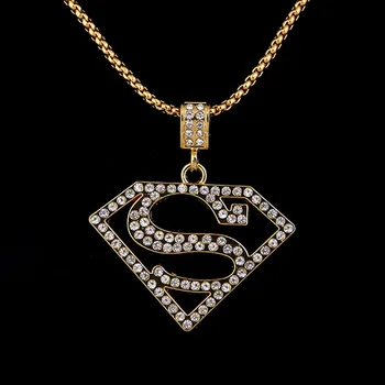 

2016 Brand Hip Hop Charms Chunky Superman Pendant Necklace Long Chains for Men Punk Rock Full Of Rhinestone
