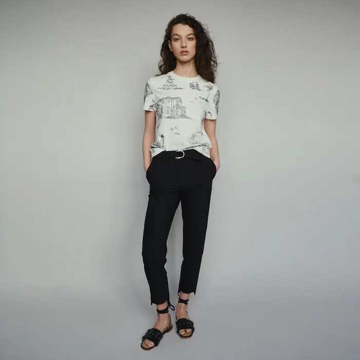 

Women T-shirt 2019 Spring and Summer Ink Embroidery Round Neck Contrast Color Short-sleeved T-shirt