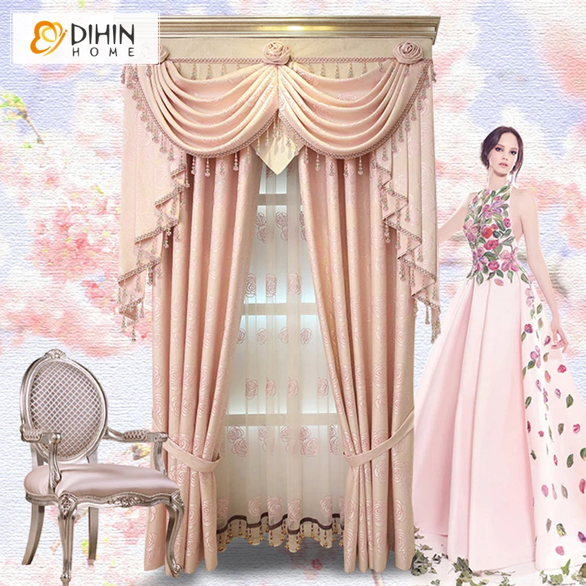

Luxury Pink Color European Valance Blackout Curtains For Living Room Customized Curtain Drapes