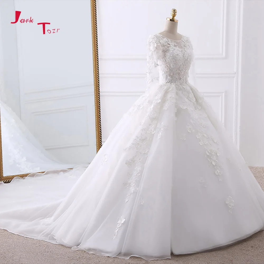 

Jark Tozr Custom Made Chapel Train Gorgeous Wedding Gowns 2019 Beading Pearls Appliques Flowers Bridal Dress Vestido De Noiva