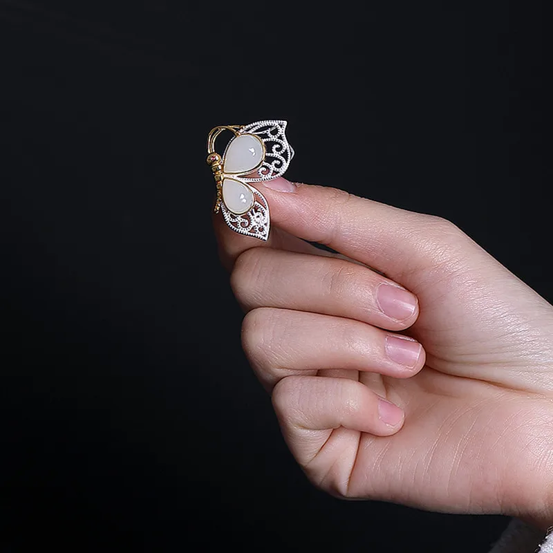 Uglyless реальные 925 пробы серебра ручной работы полые в виде бабочки из стразов для Для женщин натурального нефрита крылья контакты двойной Применение Кулоны из нержавеющей стали