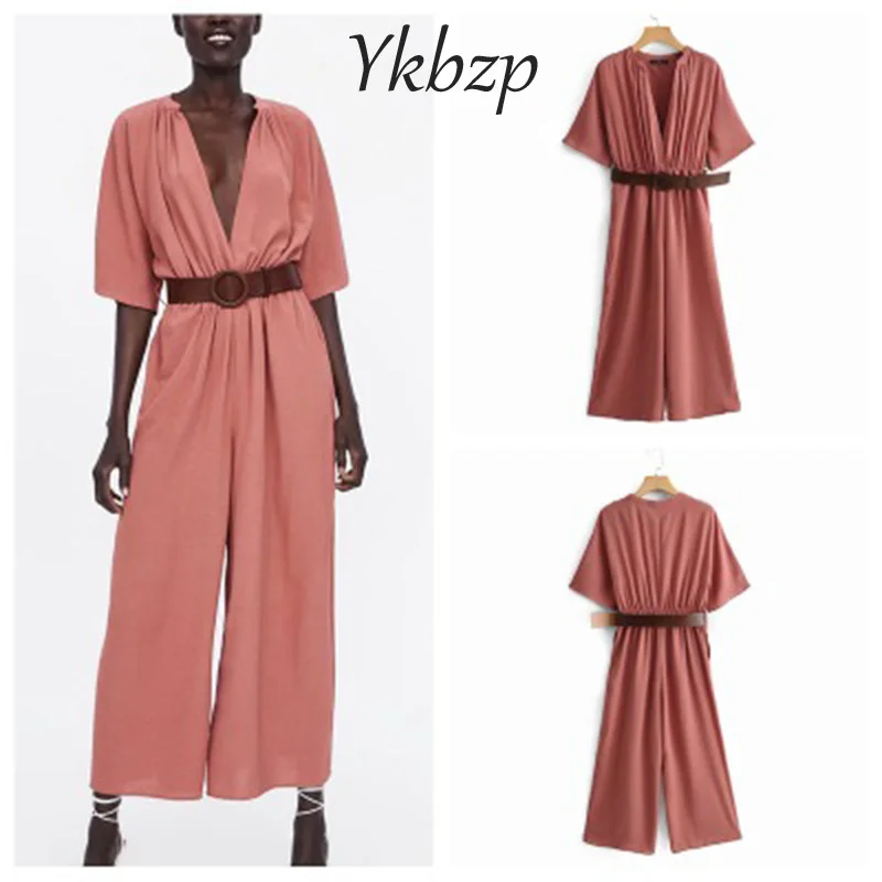 

2019 Women Jumpsuits Solid Casual Summer Beach Jumpsuit Rompers Short Sleeve V Neck Sexy Long Rompers With Belt