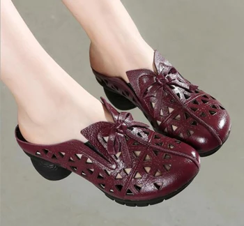 

Vintage Ethnic Style Leather Roman Thick with Baotou Sandals Hollow Leather Hole Slippers Female Shoes
