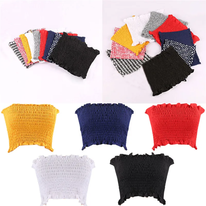 

Women Off Shoulder Elastic Solid Tube Tops Blouse Strapless Bandeau Crop Tops Shirt