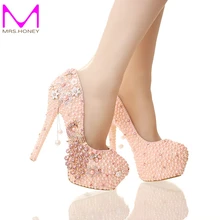 2016 New Design Pink Pearl Bride Shoes Stiletto Heel Platform Phoenix Rhinestone Wedding Shoes Round Toe Lady Party Prom Pumps