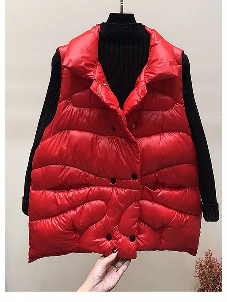 Женский жилет, новая мода, металлический цвет, чистый черный, красный, блестящая куртка, куртка, женский зимний теплый пуховик, хлопок, длинная парка - Цвет: Красный