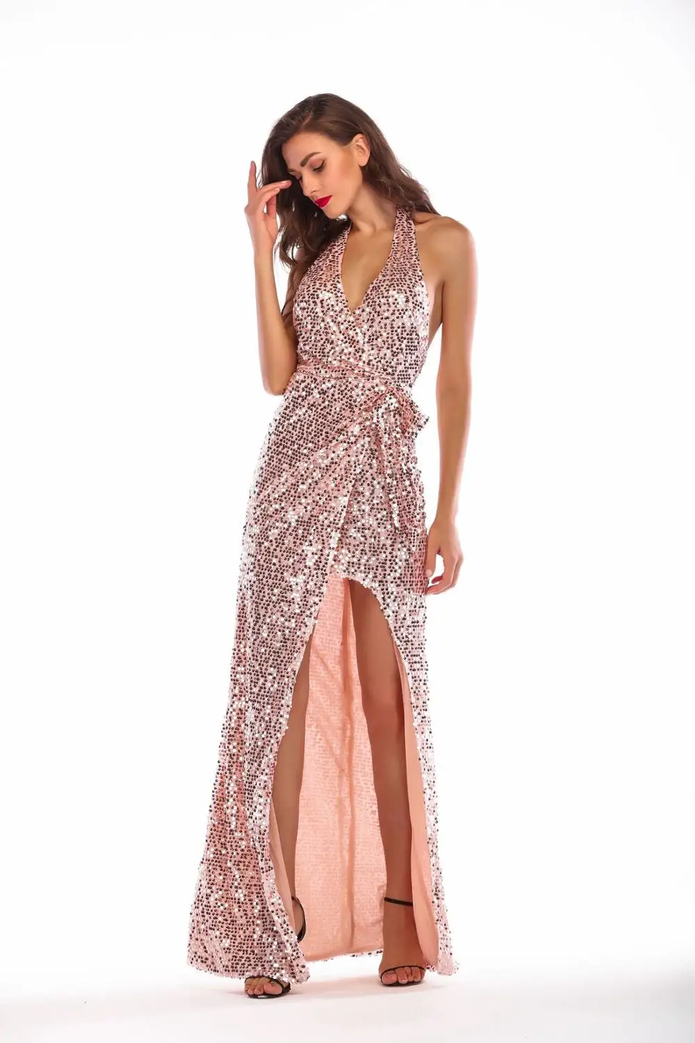 

Summer Party Club Women Elegant Sequin Maxi Dress Sexy Halter Sleeveless Backless Split Bodycon Long Dress Vestidos
