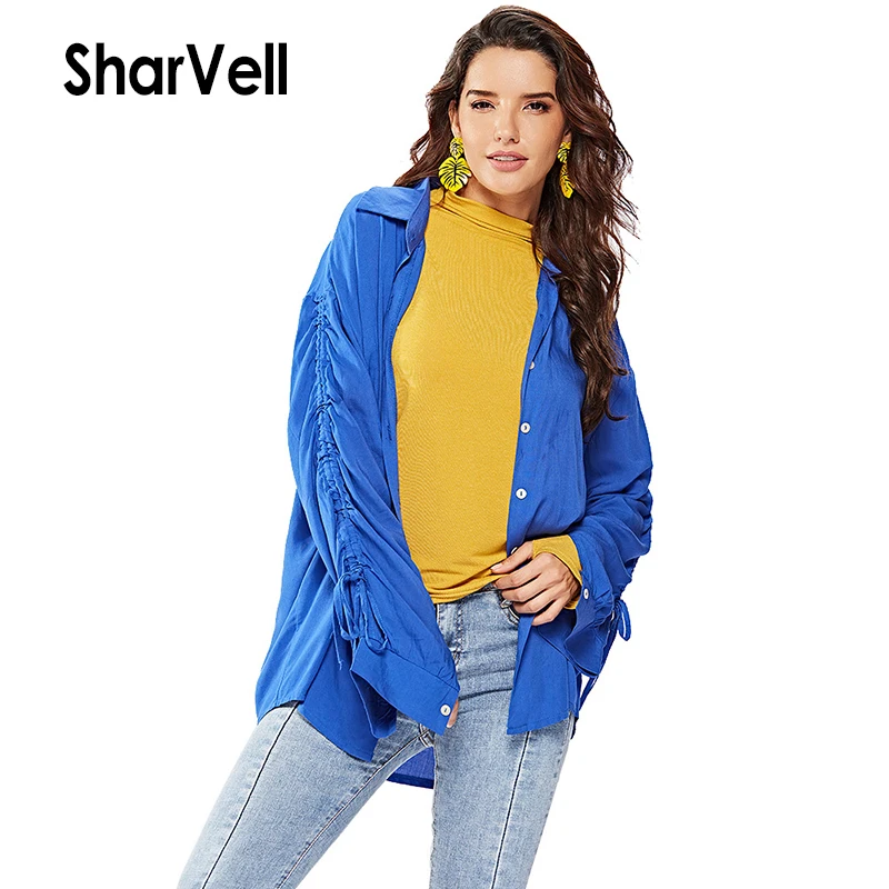 

SharVell Women Casual Jackets Single Breasted Turn-down Collar Solid Coat Lace up Decoration Long Sleeve Button Cuff lady Jacket