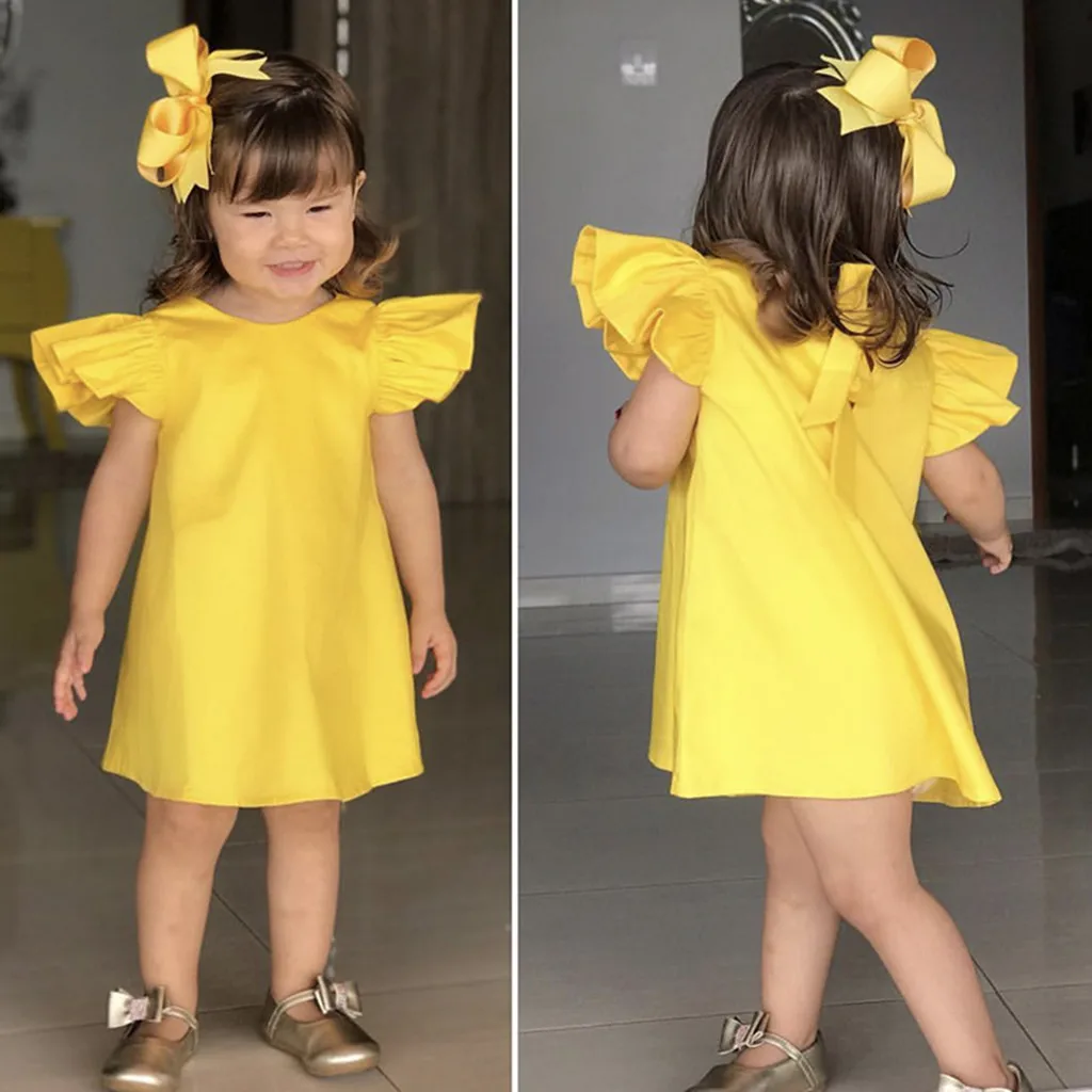 

Girl Dress Summer Infant Baby Girls Fly Sleeve Solid Bow Dress Clothes Dresses Princess Party Cute Casual Girl Dress D7#