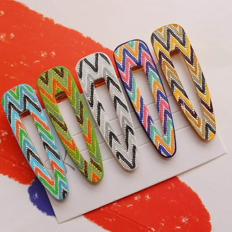 

2019 New Colorful Stripe Arrow Hair Clips for Women Hair Accessories PU Leather Geometric Waterdrop Metal Gold Color Hairpins