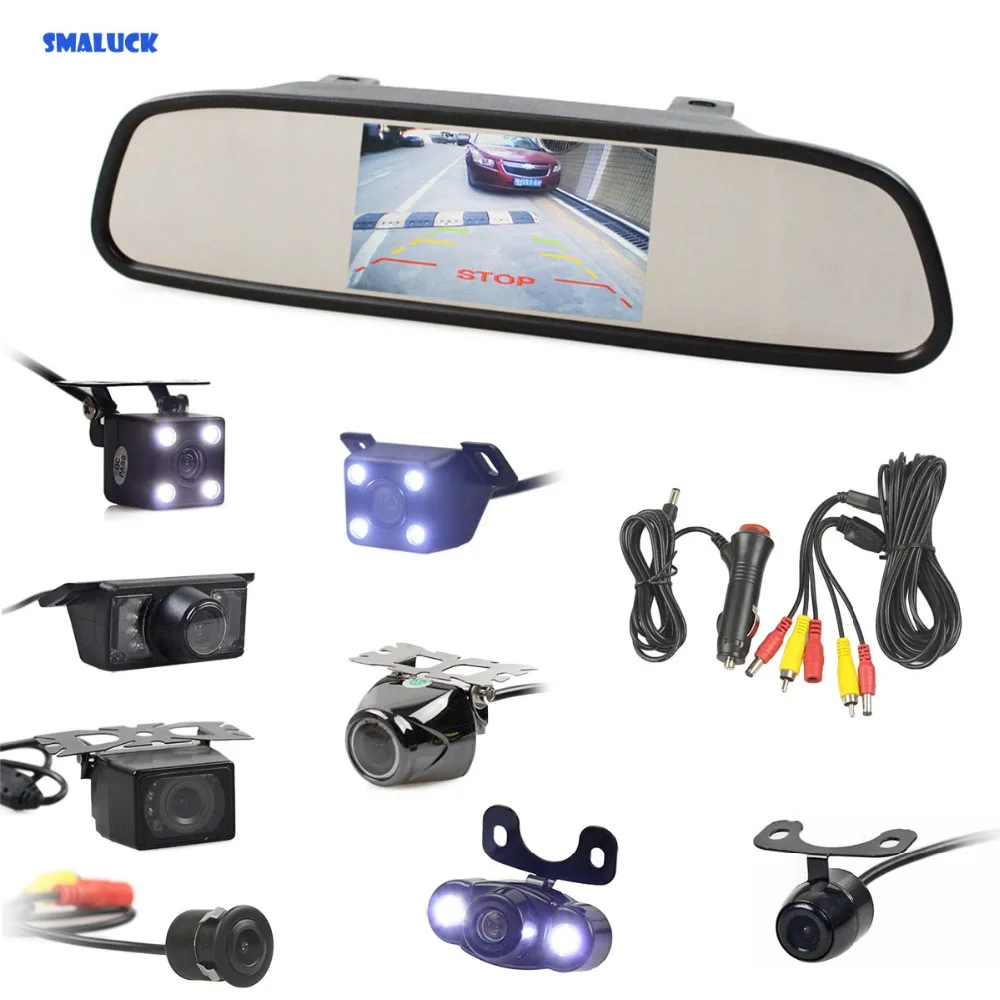 

SMALUCK 4.3inch Car Rearview Mirror Monitor Auto Parking Vedio + Backup Reverse Camera HD Car Rear View Camera free Car Charger