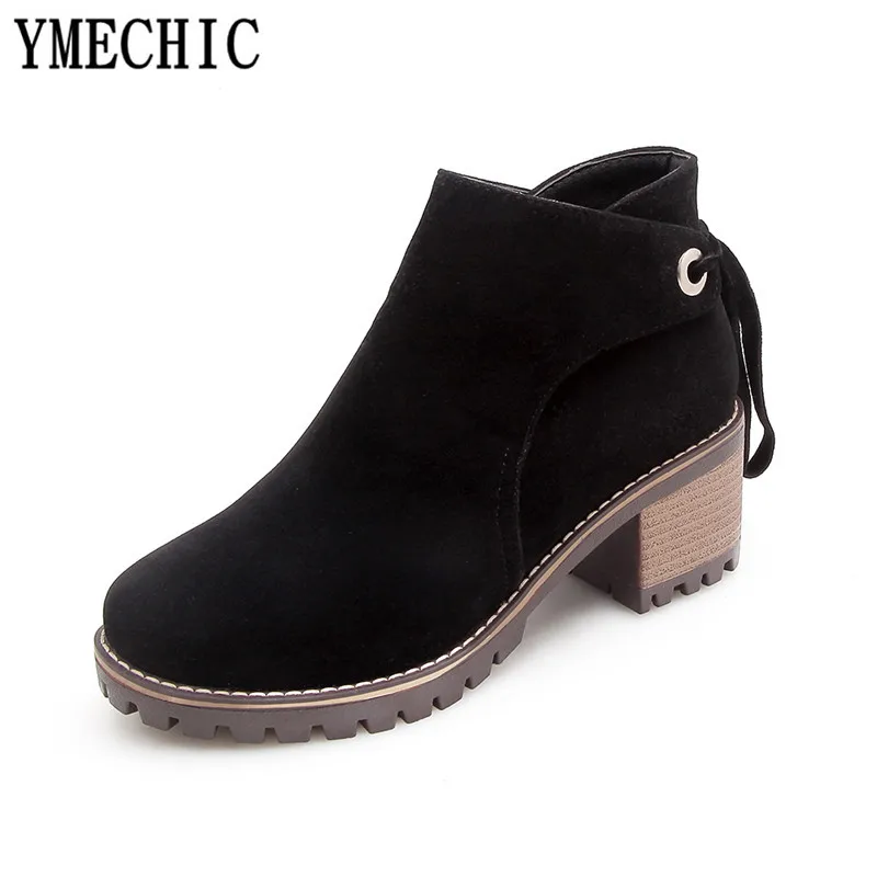 YMECHIC/2018 Женская Осенняя обувь черного и серого цвета на блочном каблуке женские