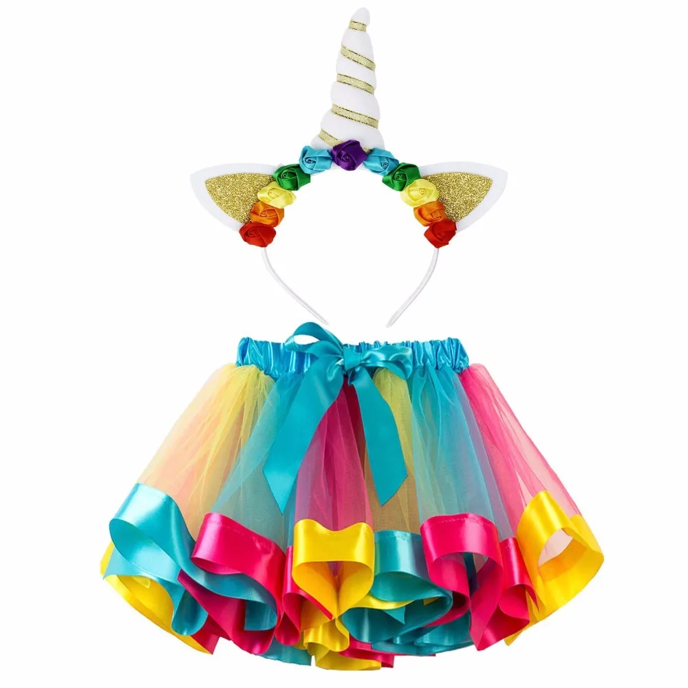 

Little Girls Layered Rainbow Tutu Skirts Unicorn Horn Flower Headband Birthday Party Costume