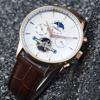 

Corgeut 44mm Domed Glass Moon Phase luxury clock Rosegold Hands Date & Day Complete Calendar Mens Automatic watch top brand