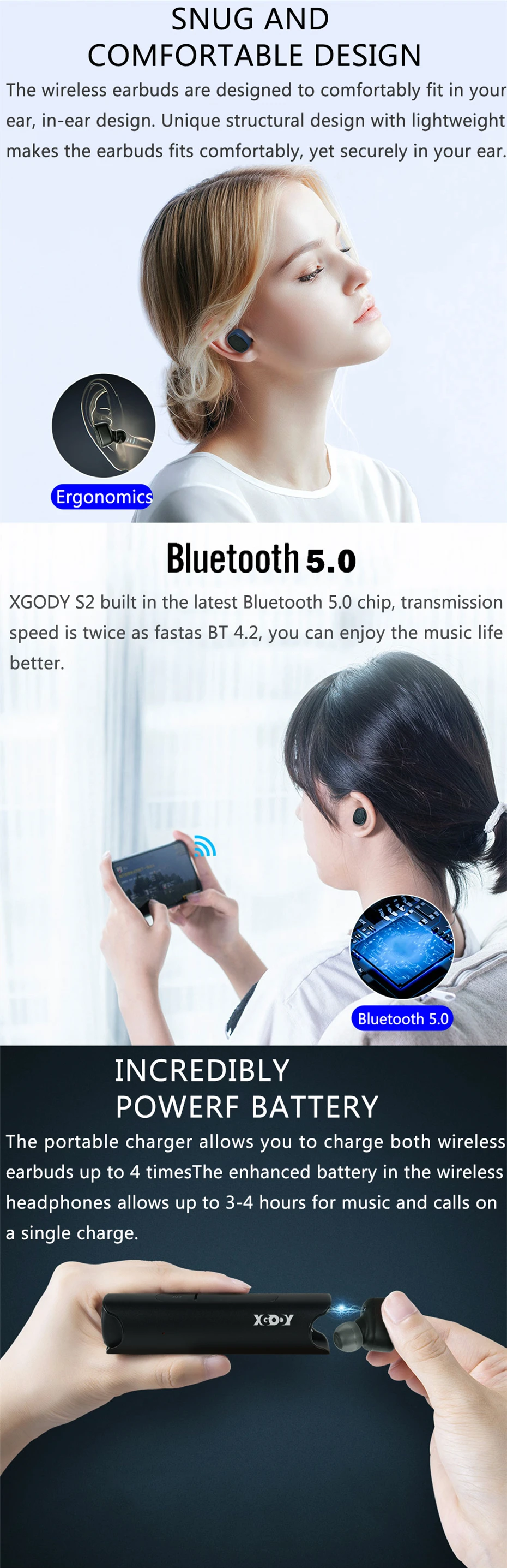 XGODY S2P Беспроводная Связь Bluetooth 5.0 Наушники 4D Звук Правда Беспроводные Водонепроницаемые Наушники Снижение Шума Power Bank Спорт Наушники